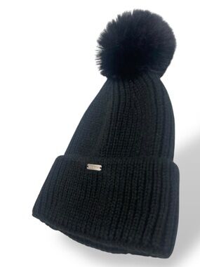 Steve Madden Black Knit Toque with Faux Fur Pompom